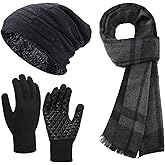 Jeere 4 Pcs Winter Hats Scarf Gloves Earmuff Set for Men Fleece Lined Knit Beanies Warm Scarf Touch Screen Gloves Earmuff(Black)