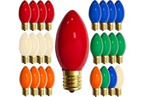 Konictom 25 Pack Multicolor Christmas Light Bulbs,C9 Glass Incandescent Christmas Replacement Bulbs for String Light,C9/E17 Candelabra Base 7 Watt Great for Outdoor Indoor and Xmas Decorations