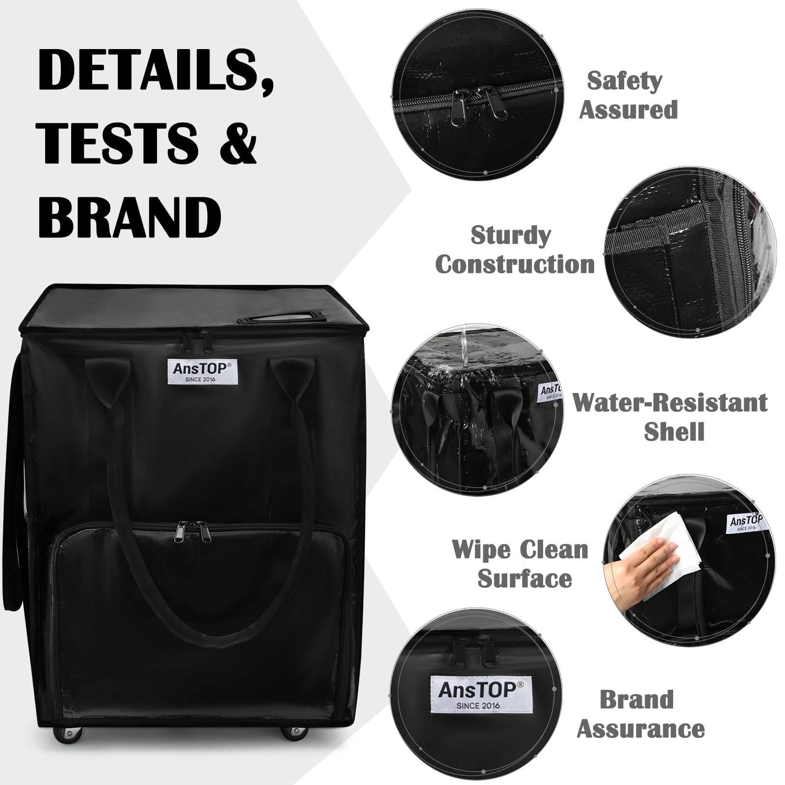 AnsTOP Reusable Grocery Bag on Wheels, 66LBS Foldable Shopping Cart with 5 Smooth Caster Wheels Zippered Top, Rolling Tote with Multiple Pockets for Groceries, Laundry, Travel, Camping,Medium,Black