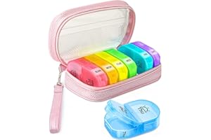AMOOS Cute Pill Organizer 2 Times a Day, PU Leather Pill Case for Women, Portable Weekly Pill Box for Purse with Storage Bag to Hold Vitamins, Medications, Fish Oils, Supplements (Pink)