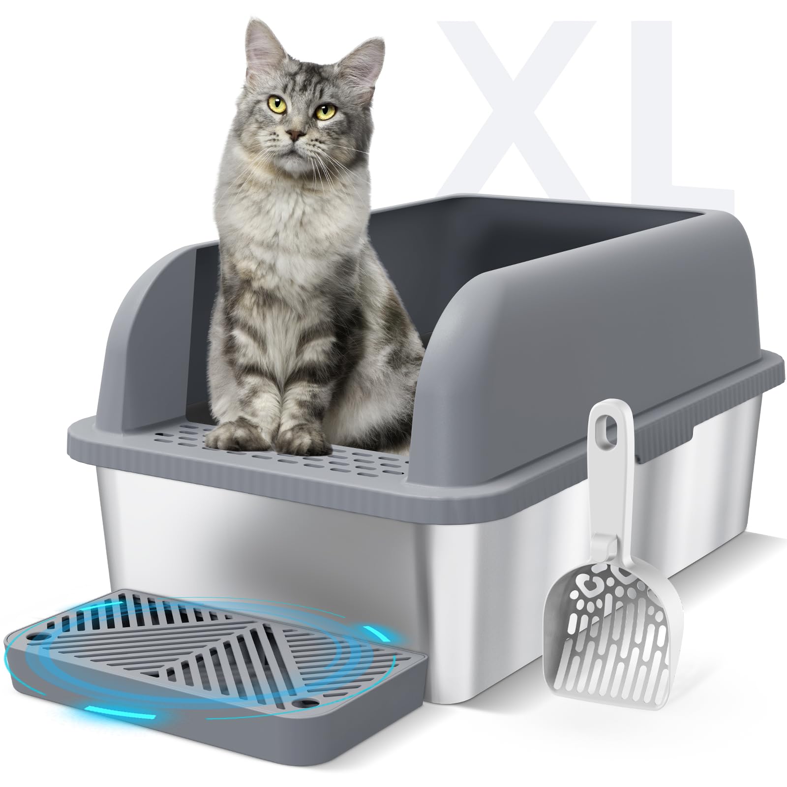 Suzzipaws Enclosed Stainless Steel Cat Litter Box with Lid Extra Large Litter Box for Big Cats XL Metal Litter Pan Tray with High Wall Sides Enclosure, Non-Sticky, Anti-Leakage (Grey) Image