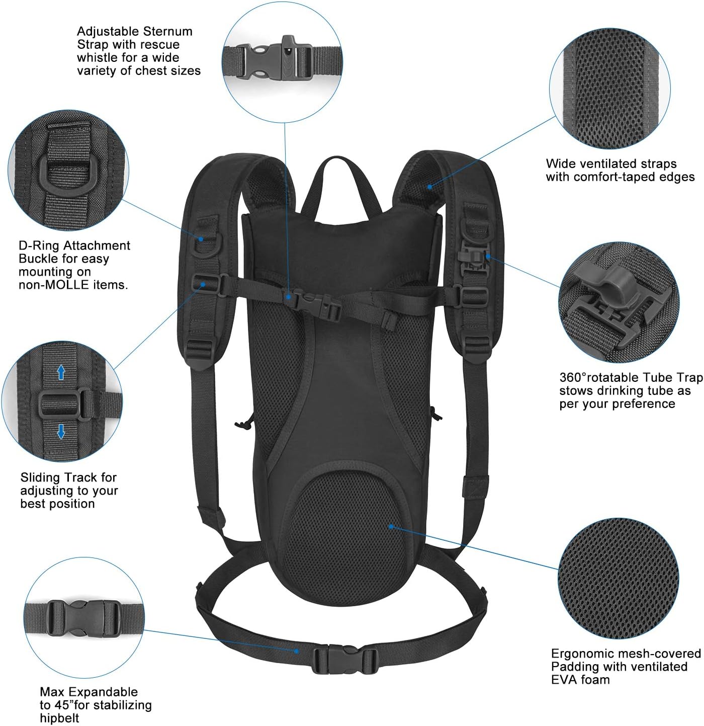Unigear Tactical Hydration Pack Backpack 900D with 2.5L Bladder for Hiking, Biking, Running, Walking and Climbing(Black) : Sports & Outdoors