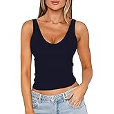 ForeFair Womens V Neck Sleeveless Backless Tank Top Slim Fit Going Out Crop Tops Double Layer Basic Casual Outfits