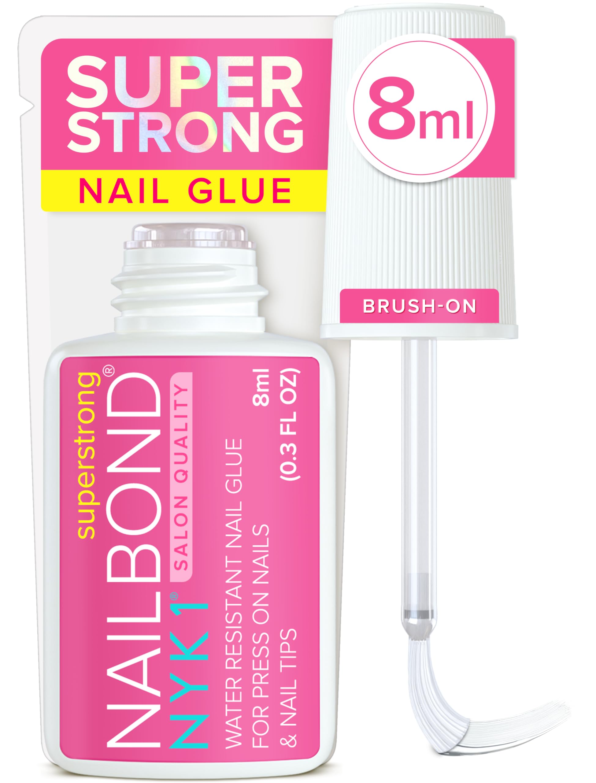 NYK1 Super Strong Nail Glue for Press On Nails, Nail Tips & Acrylic Nails (8ml) NYK1 NailBond Brush On Glue for Press Ons, Tips & Acrylics - Long Lasting, Maximum Strength, Mess-Free Application