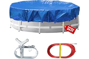 COVALL 28 Ft Round Heavy Duty Winter Pool Cover,for 24ft Above Ground Pool,Cold and UV Resistant, Weatherproof and Durable, Winch & Cable Included (Blue/Black,Cover Diameter 28')