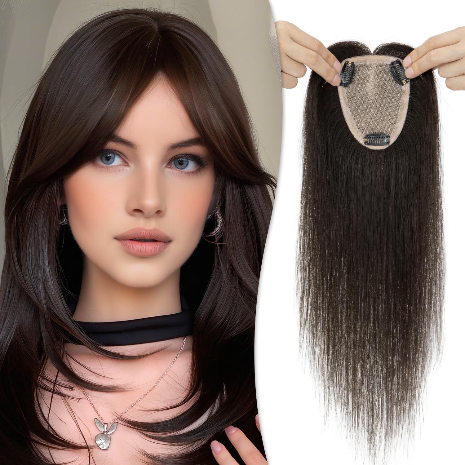 Photo 1 of TESSHAIR Human Hair Topper for Women No Bangs, 100% Remy Toppers Hair Pieces for Women,150% Density, No Tangle & Smooth, 16 Inch #Natural Black