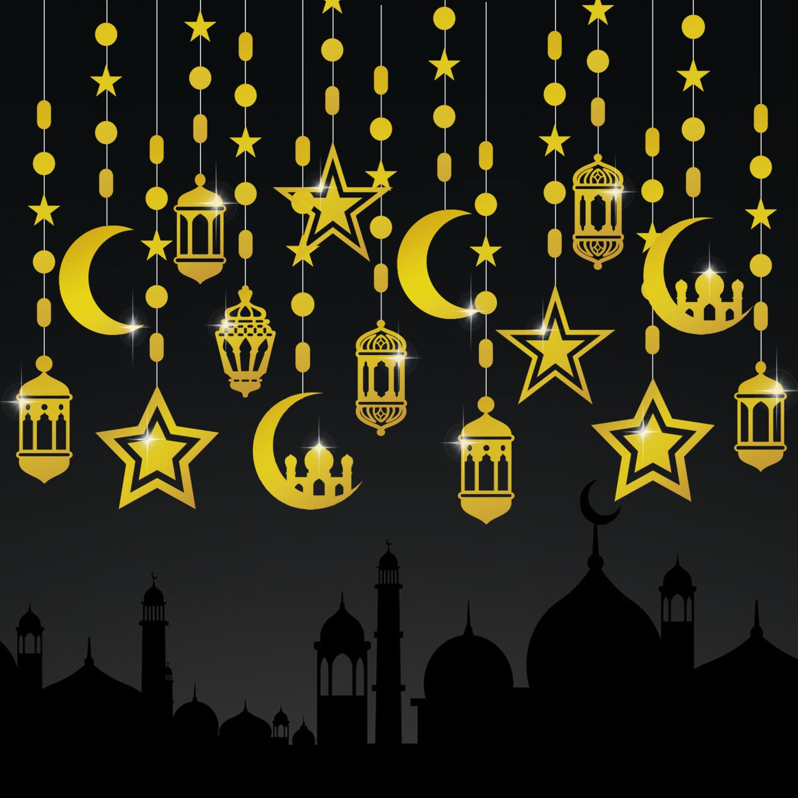 Photo 1 of 16pcs Ramadan Decorations Gold Star Moon Lantern Garland Pre-Assembled Shining Hanging Ramadan Mubarak Eid Decorations Banner Streamer for Eid Mubarak Decor Home Party Supplies