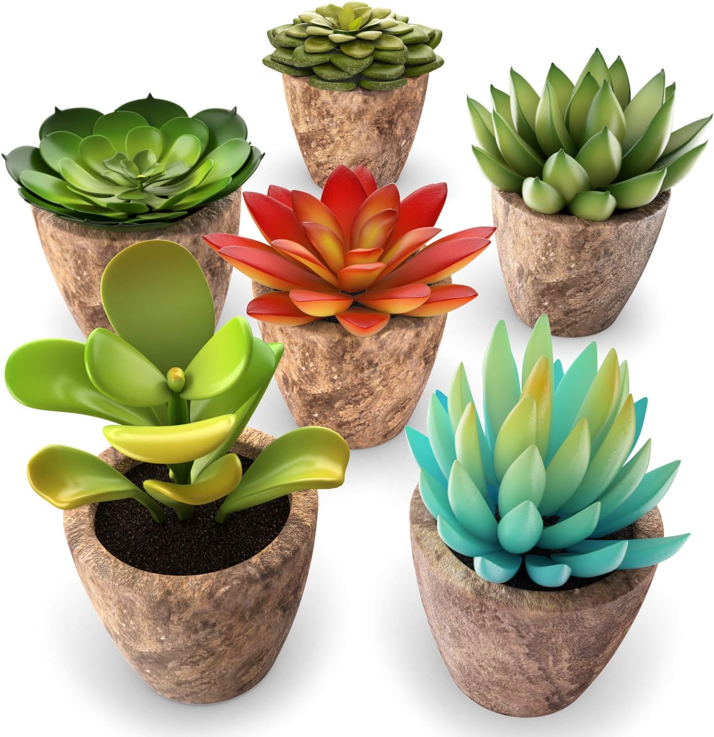 Set of 6 Artificial Succulent Plants – Fake Plants with Grey Ceramic Planters for Decoration