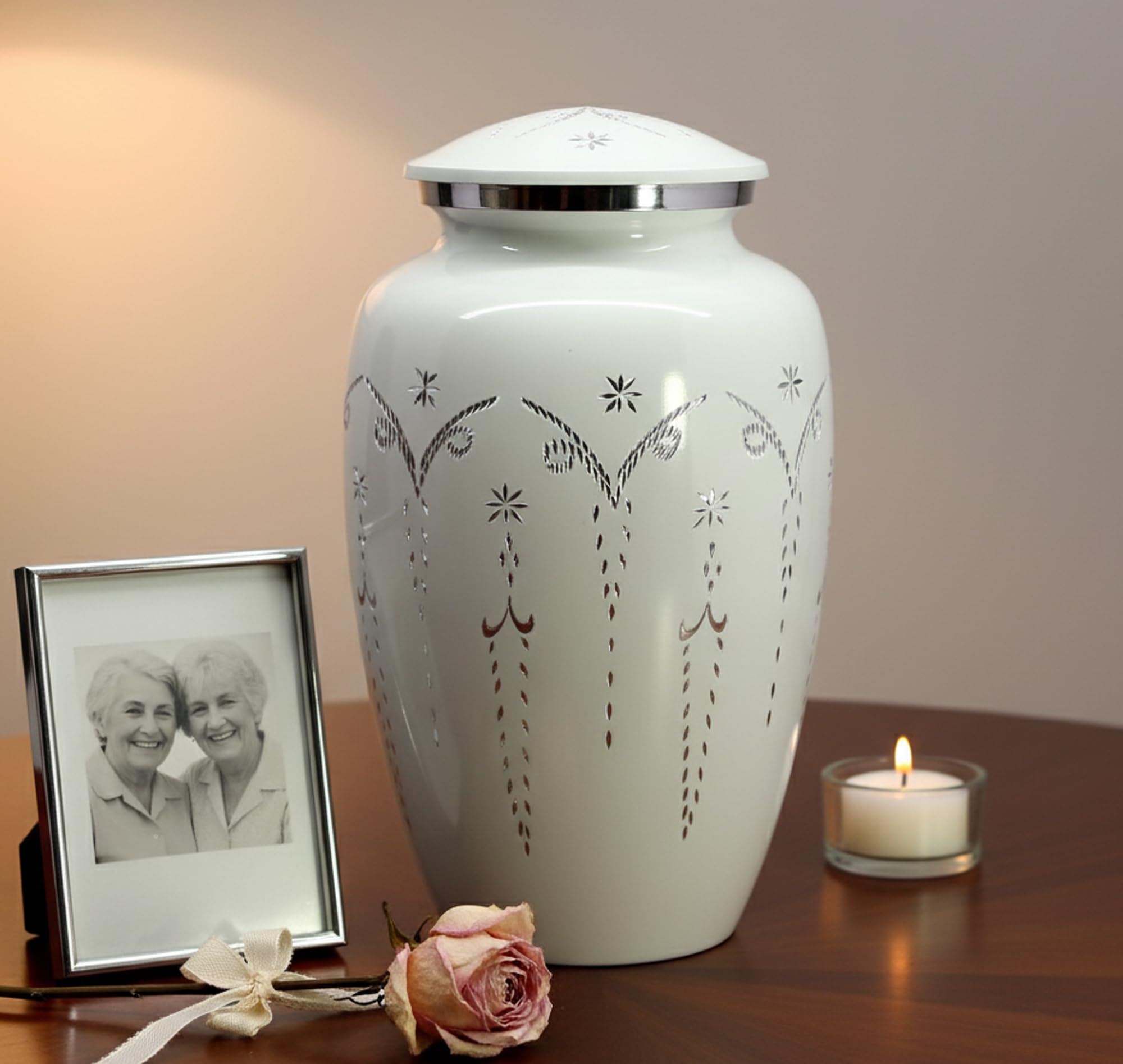 eSplanade Metal Cremation Urn Memorial Jar Pot Container | Full Size Engraved Urn for Funeral Ashes Burial | Metal Urns | White - 10" Inches