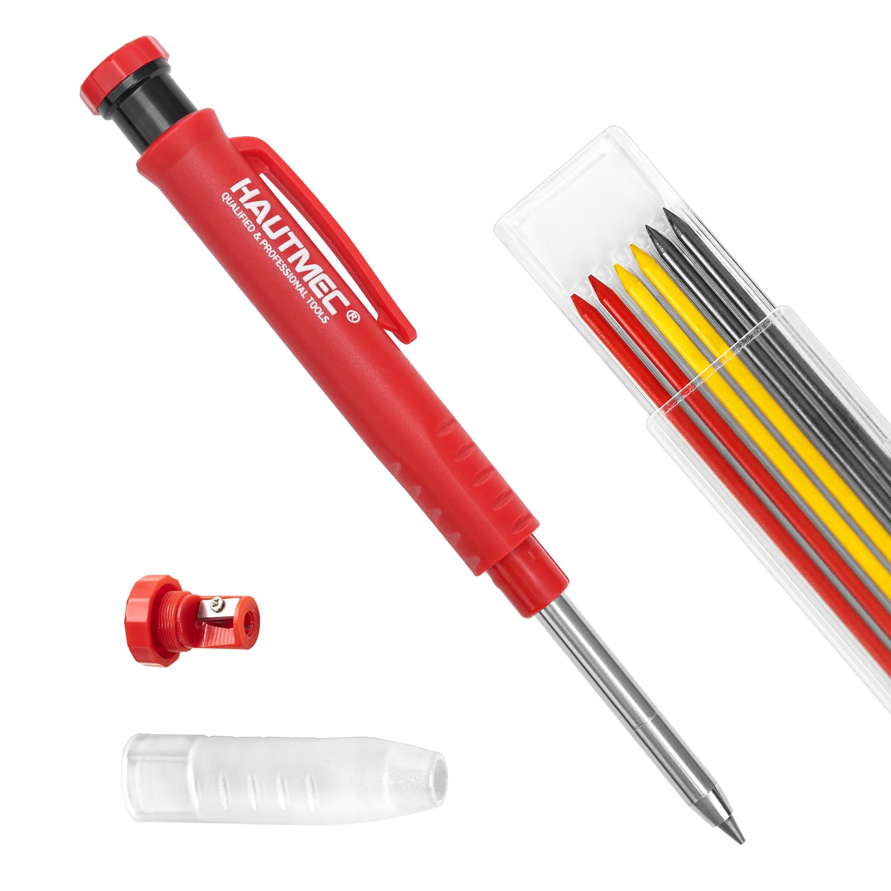 HAUTMEC 4 Pcs 3-in-1 Carpenter Pencils with Removable Finger Grip, Built-in Sharpener and 7 Leads (3 Colors), Mechanical Construction Pencil for Deep Marking Scribing, Pro Tracer Pencil, HT0293-4