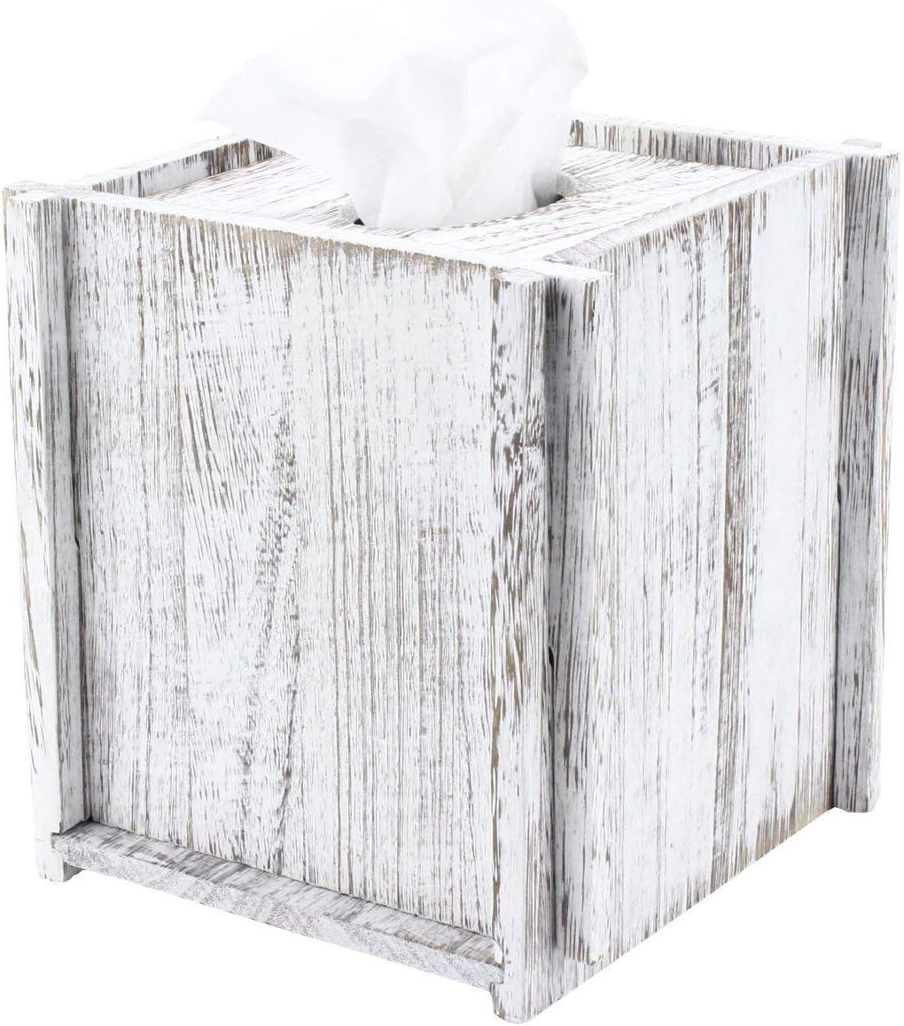 Tissue Box Cover Square Tissue Holder Wooden Rustic Torched Bathroom Facial Tissue Dispenser with Slide-Out Bottom Panel White Novelty Splicing Napkin Holder (Square)
