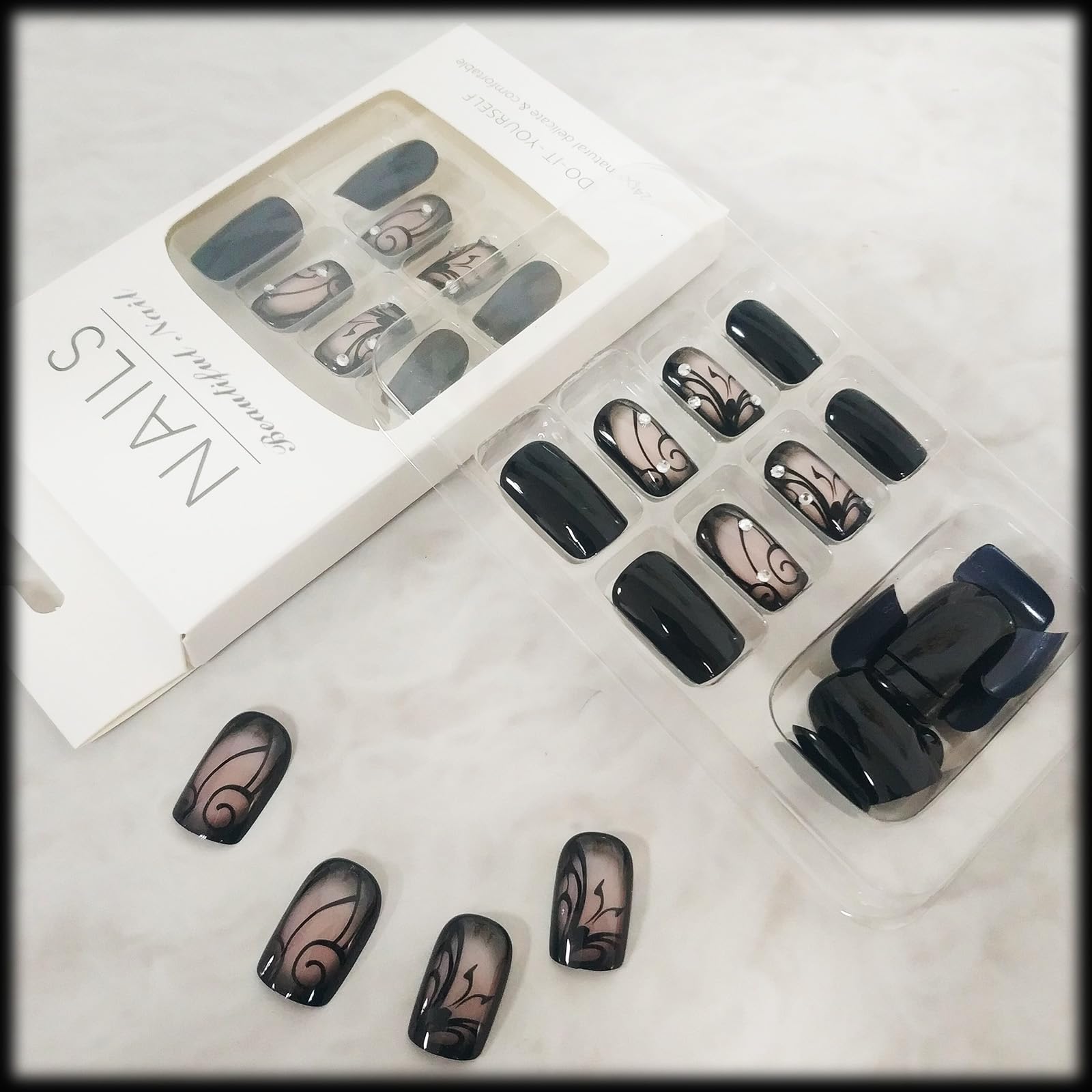 Curve Line Press on Nails Glossy Black Ins Medium Square False Nails Dark Vine Gel Glue on Nails, Rhinestones Acrylic Fake Nails Crystal Stick on Nails for Manicure Art Coquette Women Girls 24Pcs - Image 5