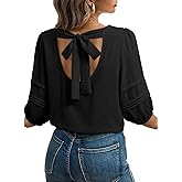 Dokotoo Blouses for Women Dressy Casual Crewneck 3/4 Length Sleeve Womens Tops Loose Business Work Shirts