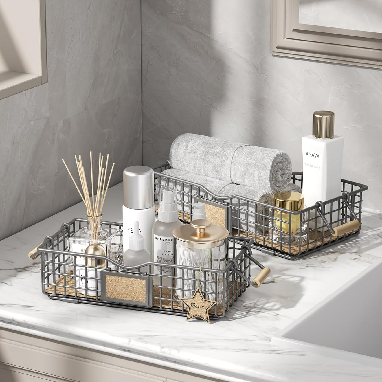 Photo 1 of Qcold Toilet Paper Storage Basket, 2 Pack Baskets for Bathroom Organizers and Storage, Narrow Wire Storage Baskets for Toilet Tank Top, Bathroom Metal Basket for Bathroom Decor (Set of 2, Grey)