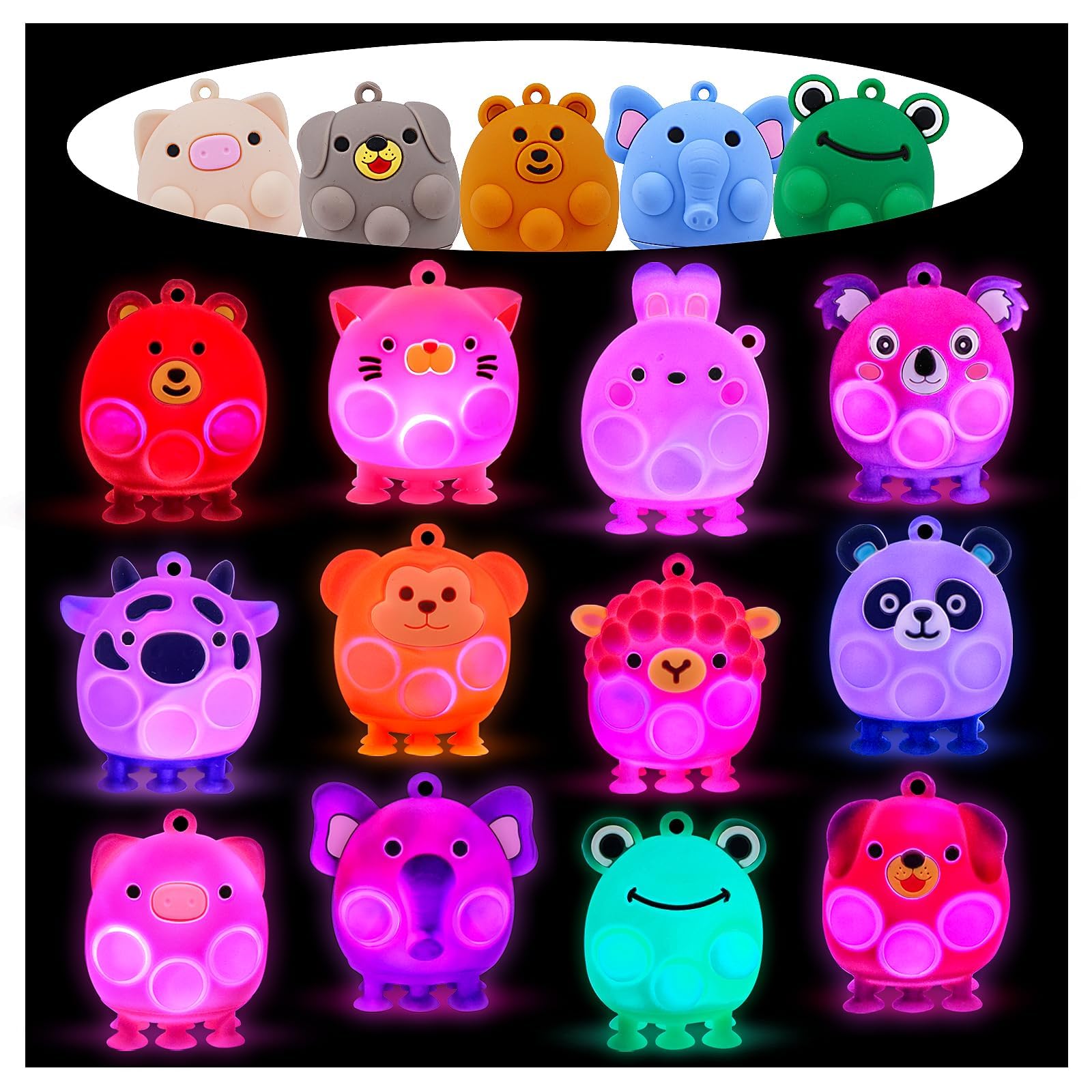 Light Up Animal Pop Fidget Toys, 12 PCS Silicone Suction Toys, Glow Party Favors for Kids, Goodie Bags Stuffers, Birthday Gifts, Bulk Toys Prizes, Classroom Prizes