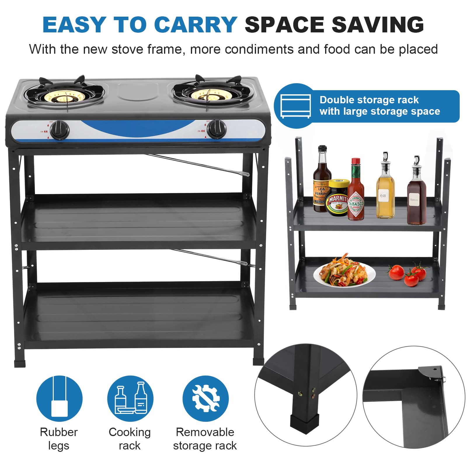 Propane Gas Stove 2 Burner Gas Stove with Removable Leg Stand Portable Gas Stove Black Auto Ignition Camping Dual Burner LPG for RV, Apartment, Outdoor