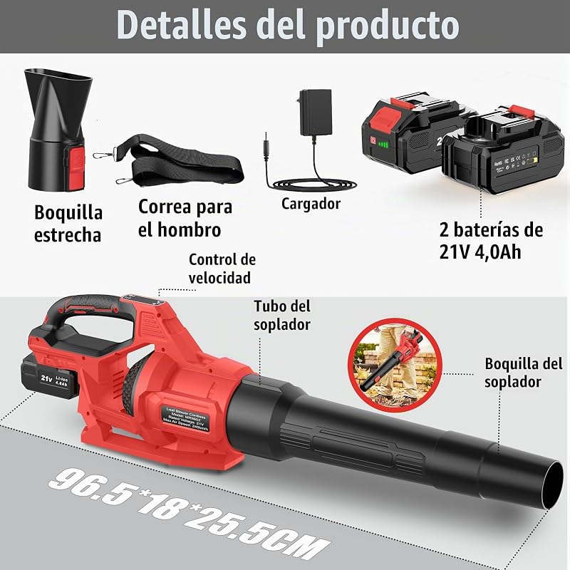 Soplador de Hojas 21V, Soplador Bateria con 2 Baterías de 4.0Ah, 3 Ajustes de Velocidad, 2 Tubos de Soplado, Correa para el Hombro para Soplar Hojas, Nieve, Polvo y Residuos, Rojo