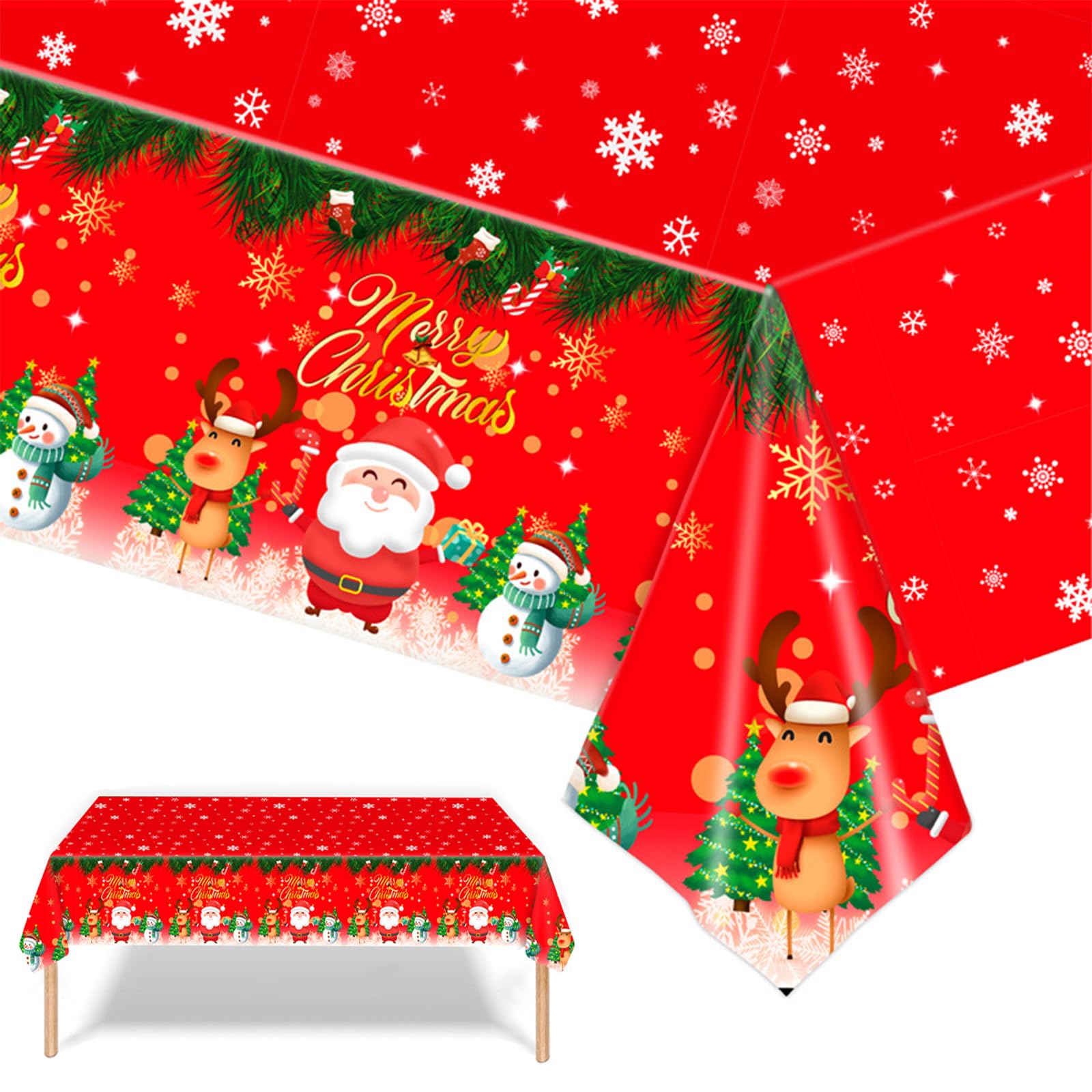 Mienocol 2PCS Large Red Xmas Tablecloth, 137 * 274cm Rectangle Plastic Table Cover for Christmas Party, Winter Holiday Decorations — image 1