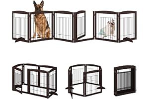4NM No-Assembly Folding 144" Extra Wide 30" Tall Wooden Dog Gate with Door Walk Through, Freestanding Wire Pet Gate, Accordion Puppy Gate, with 2PCS Support - Espresso