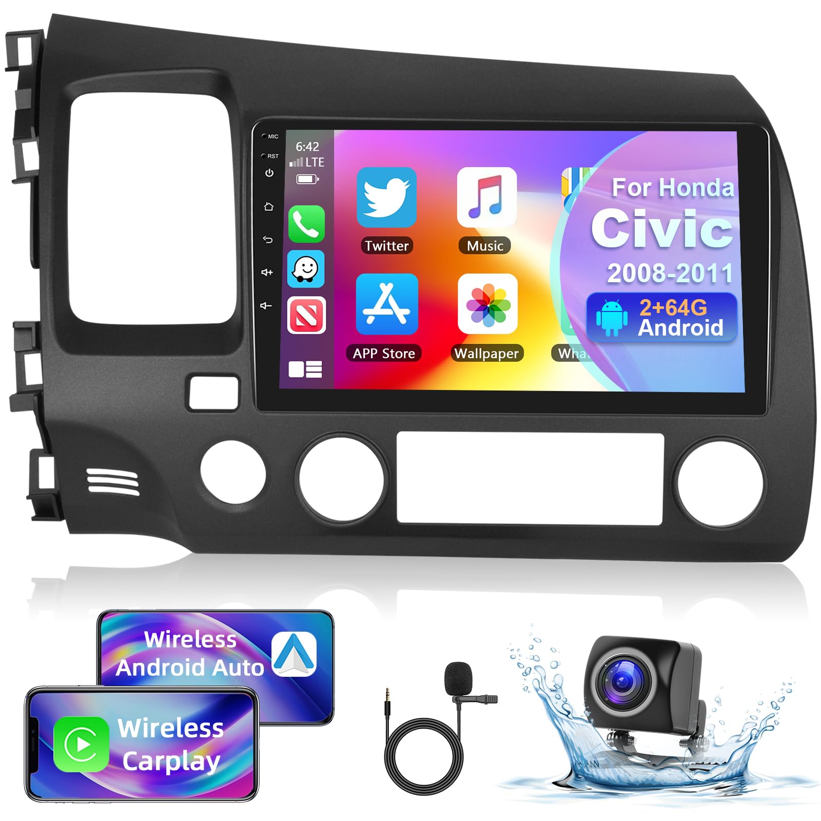 Photo 1 of Podofo Android 13?2+64G?Car Stereo for Honda Civic 2006 2007 2008 2009 2010 2011 with Wireless Carplay Android Auto,9” IPS Touch Screen Car Radio with Mirror Link,BT,GPS,WiFi,SWC+AHD Backup Camera+MIC