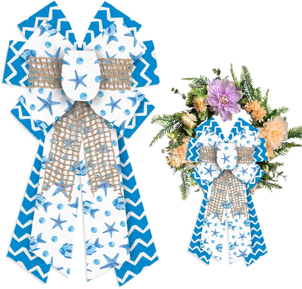 Bows & Ribbons - Large Summer Wreath Bows Blue Ocean Wave Burlap Bows for Wreath, Starfish Fishing Net Ribbon Bows Summer Sea White Strips Decor Bows for Summer Indoor Outdoor Decoration Wreath Ornament Supplies