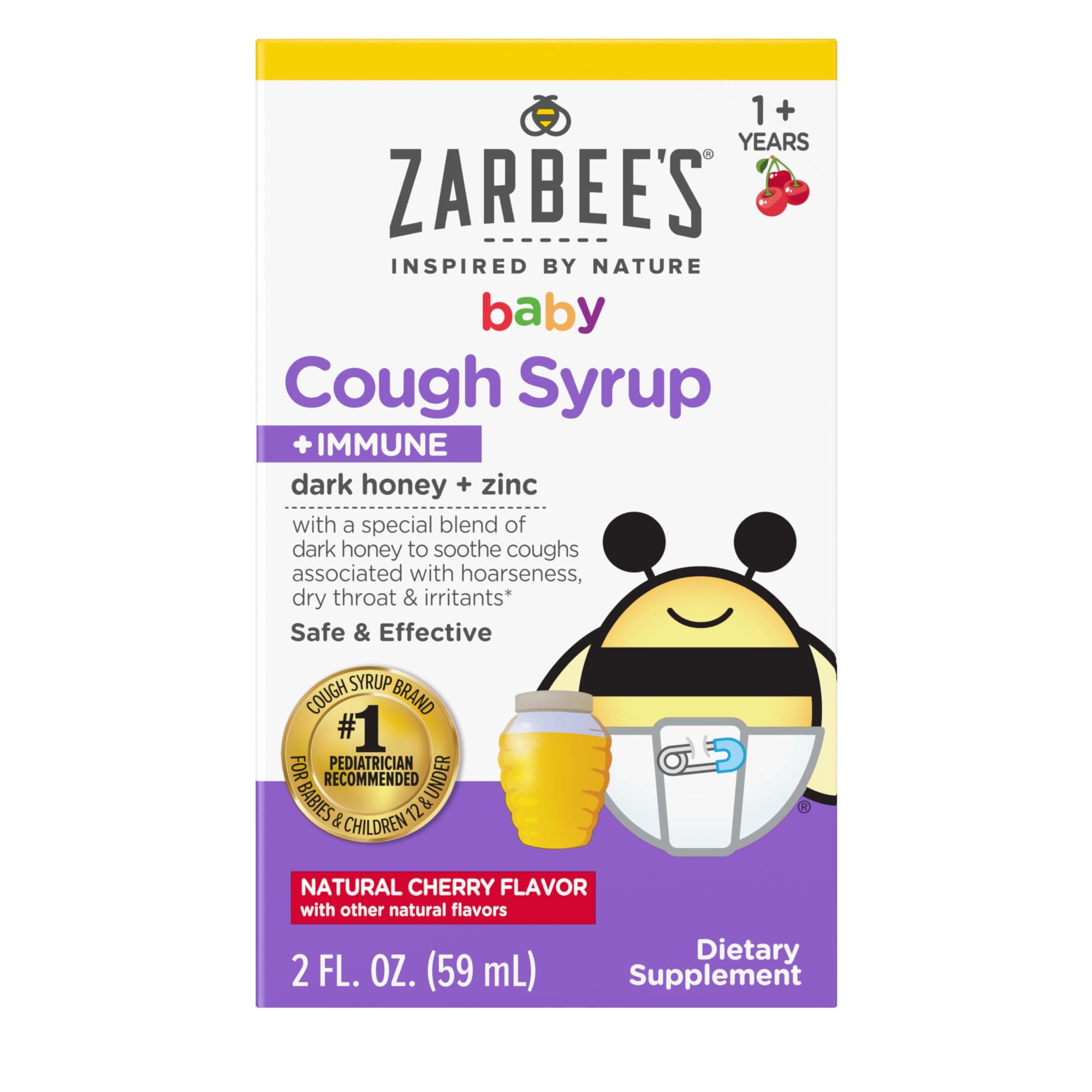 Zarbee's Baby Honey Cough Syrup + Immune for Babies 12-24 Months, Safe & Effective Cough Syrup with Soothing Dark Honey & Zinc for Immune Support*, Drug & Alcohol-Free, Cherry, 2 fl. oz