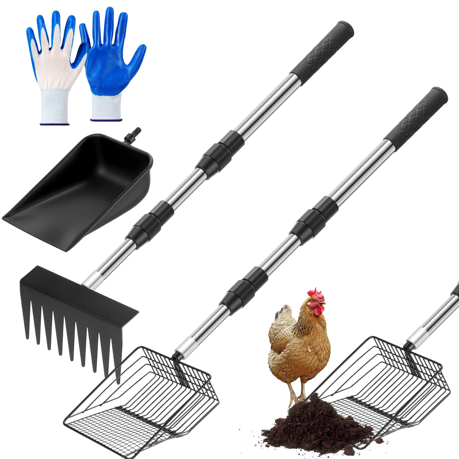 Photo 1 of Chunful 6 Pcs Chicken Poop Scooper Set, 3 in 1 Chicken Poop Scooper and Rake, Adjustable Stainless Steel Handle(22.8 to 40) Durable Sifting Litter Shovel Scoop for Cleaning Small Farm Animals