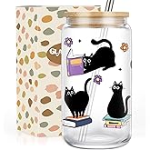 GSPY Black Cat Glass Cup, Funny Gifts for Cat Lovers & Book Lovers, Cute 16 oz Cat Themed Iced Coffee Cups - Bookish, Reader Tumbler Mug - Valentines Day, Bday, Book, Reading Gifts for Women, Men, Her