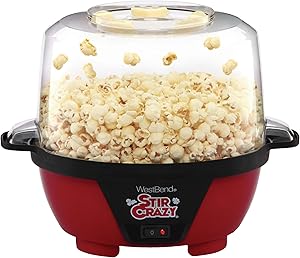 West Bend 82505 Stir Crazy Electric Hot Oil Popcorn Popper Machine Offers Large Lid for Serving Bowl and Convenient Storage, 6-Quart, Red