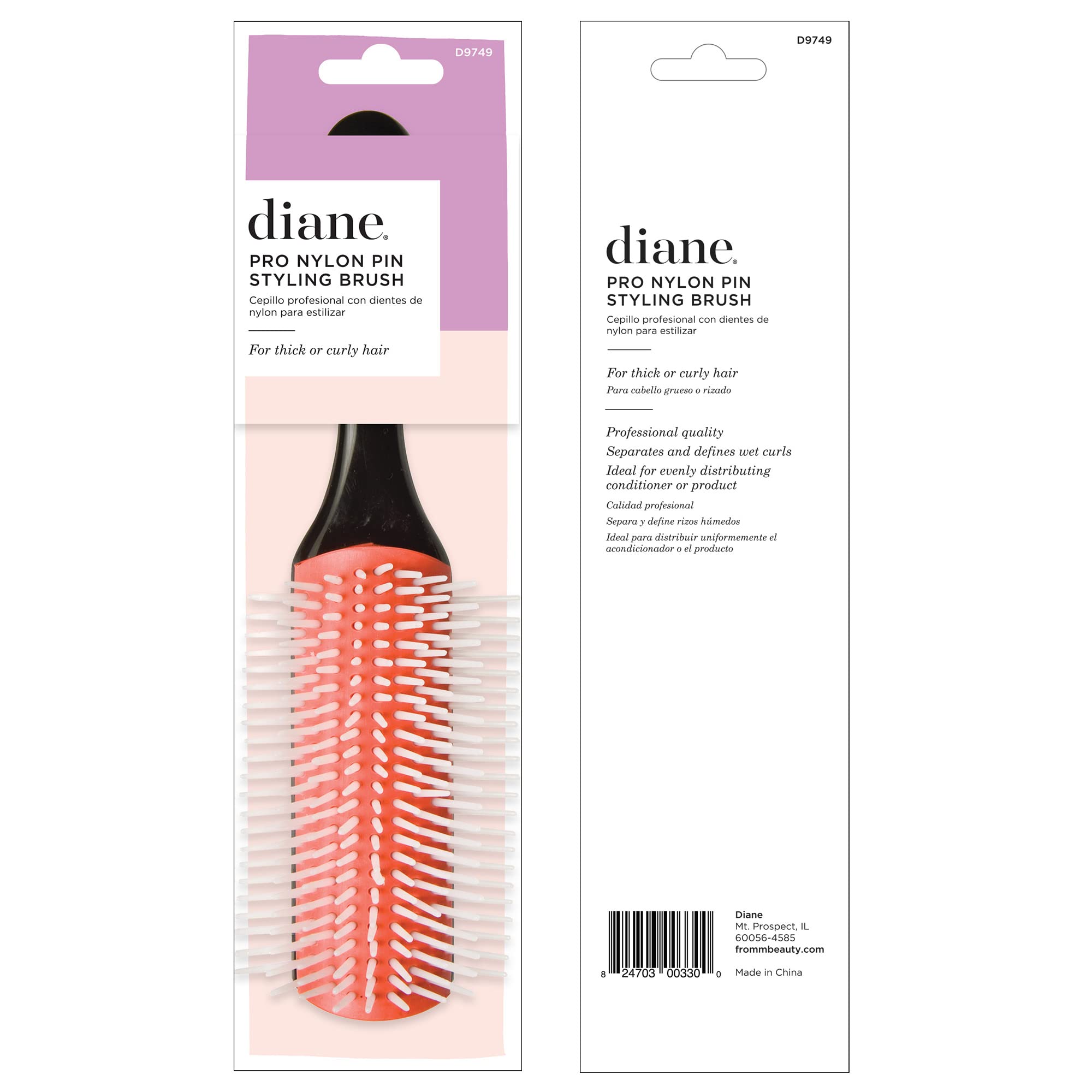 Diane Pro Nylon Pin 9 Row Styling Brush for Detangling, Separating, Shaping, and Defining Wet or Curly Hair, Heat-Resistant, Anti-Static, Black/Red