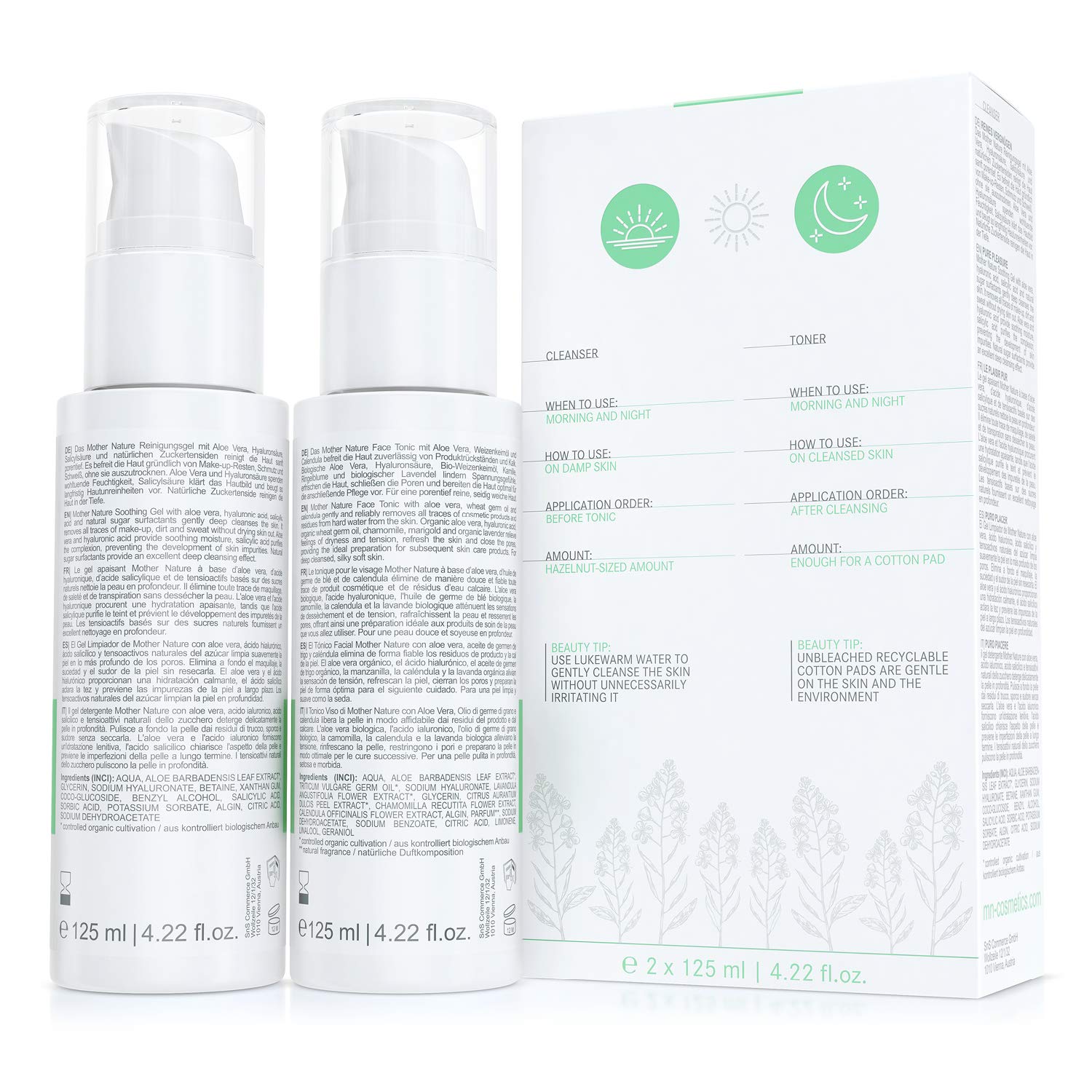 Gesichtsreinigungs-Set mit Bio-Aloe Vera und Hyaluronsäure - NATURKOSMETIK VEGAN – 2 x 125 ml by Mother Nature Cosmetics – Waschgel und Gesichtswasser für normale Haut, Mischhaut und unreine Haut