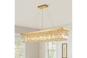 Siljoy 10-Light Modern Crystal Chandelier Gold Rectangular Crystal Raindrop Chandelier Luxury Large Rectangle Flush Mount Pendant Ceiling Light for Dining Room Kitchen Island Bar L47'' x W10'' x H10''