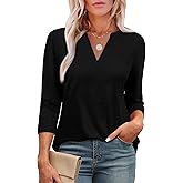 OFEEFAN 3/4 Length Sleeve Womens Tops V Neck Tunic Shirts Loose Curved Hem Blouses Dressy Casual S-3XL