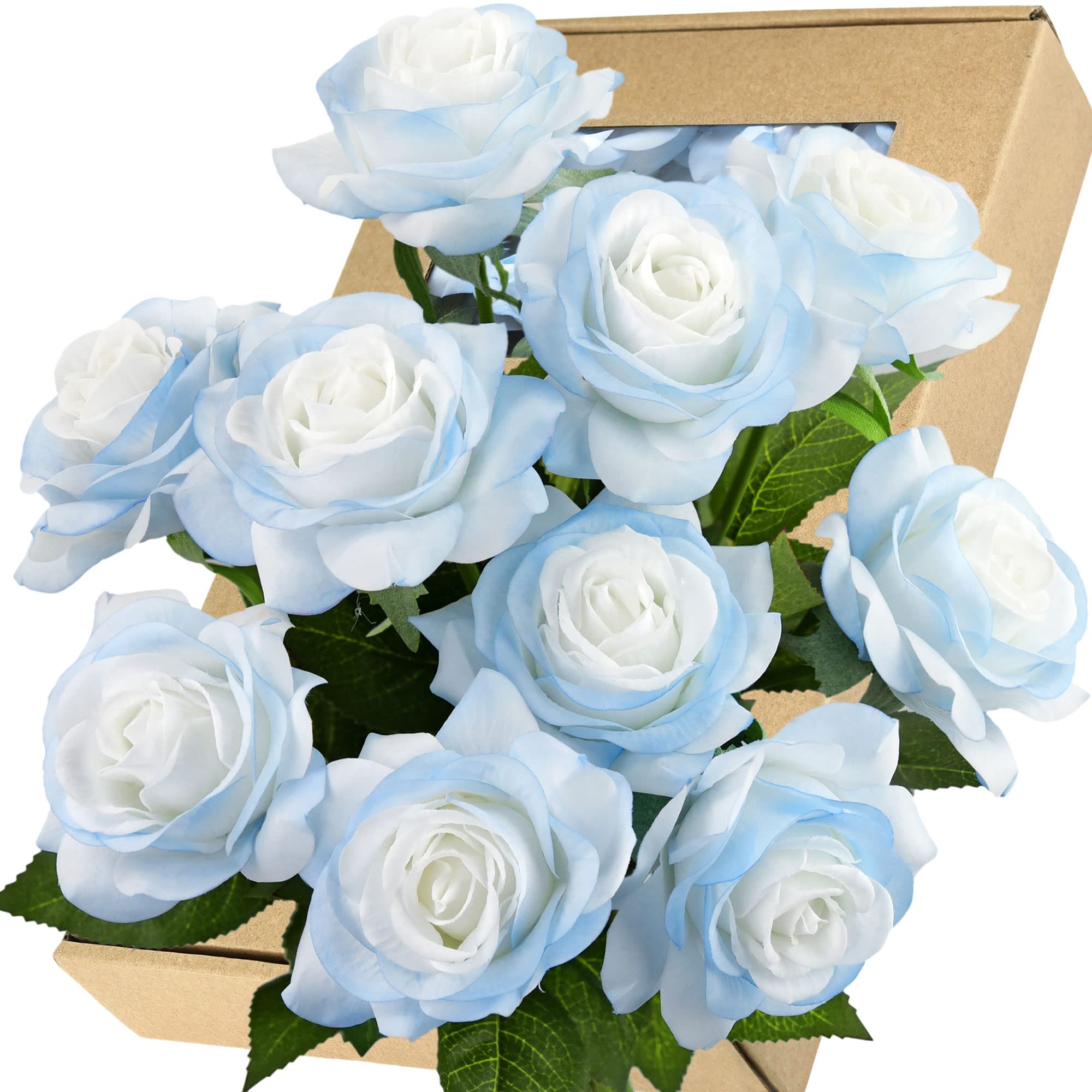 FiveSeasonStuff 10 Stems Real Touch Roses Artificial Flower Silk Roses ‘Petals Feel and Look like Fresh Roses' Bouquet of Flowers Floral Arrangements (Cloud White Angel Blue)