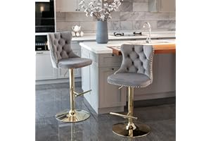i-POOK Swivel Bar Stools Set of 2, Adjustable Counter Height Barstools with Nailheads Trim, Button Tufted Back and Golden Footrest, Velvet Upholstered Bar Chairs for Home Bar Kitchen Island, Gray