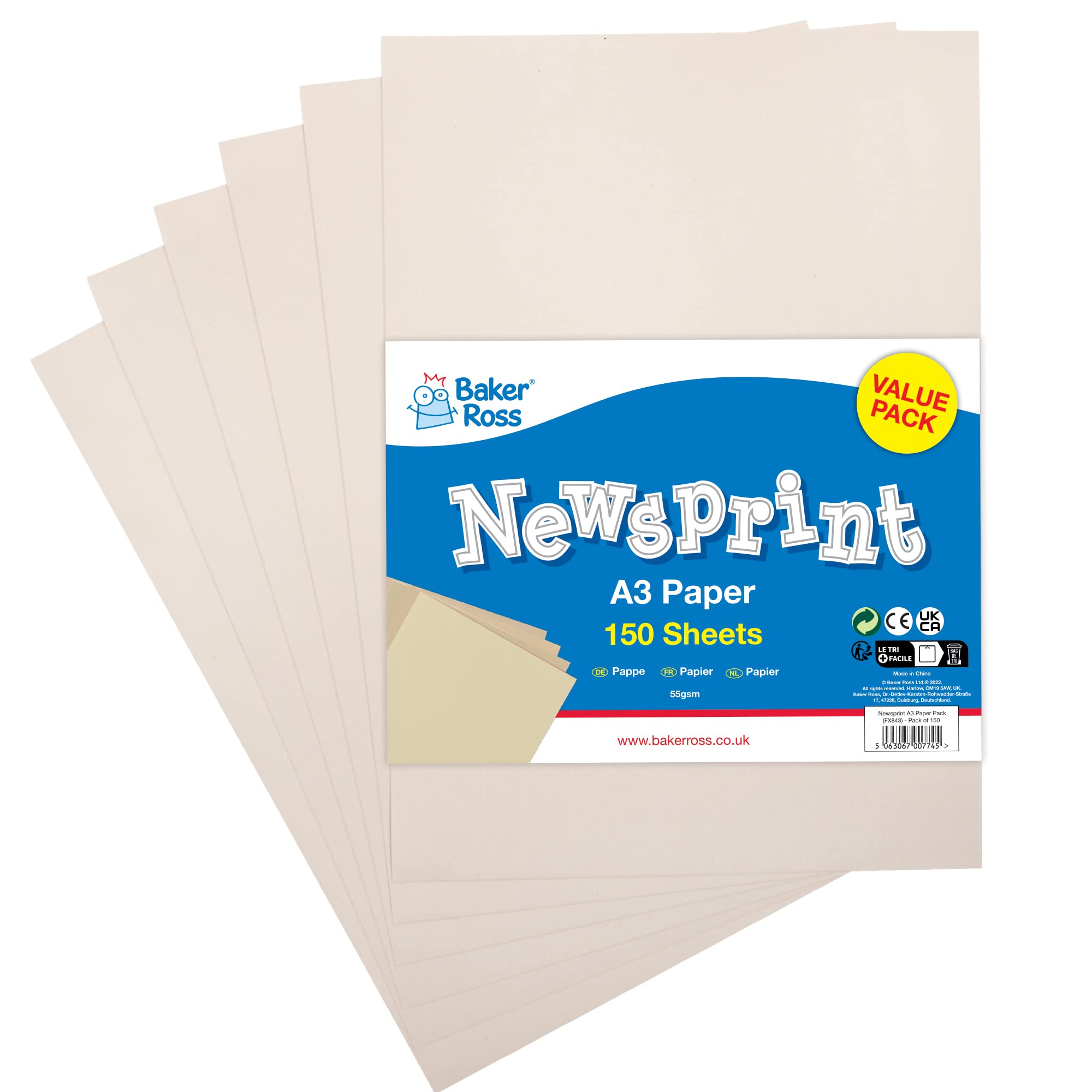 Baker Ross FX843 A3 Newsprint Paper Pack - Pack of 150, Paper for Wrapping and Arts and Crafts, White