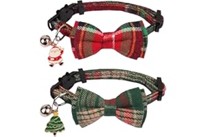PTDECOR Christmas Cat Collars, Red Green Plaid Bowtie Xmas with Removable Bowtie Bell, Breakaway Plaid Bow Christmas Collars for Cats Kittens