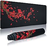 GMKWTL Large Gaming Mouse Pad for Desk, Black Plum Blossoms XXL Mouse Pad, 35.4x15.7 Inch, Waterproof, Non-Slip Rubber Base