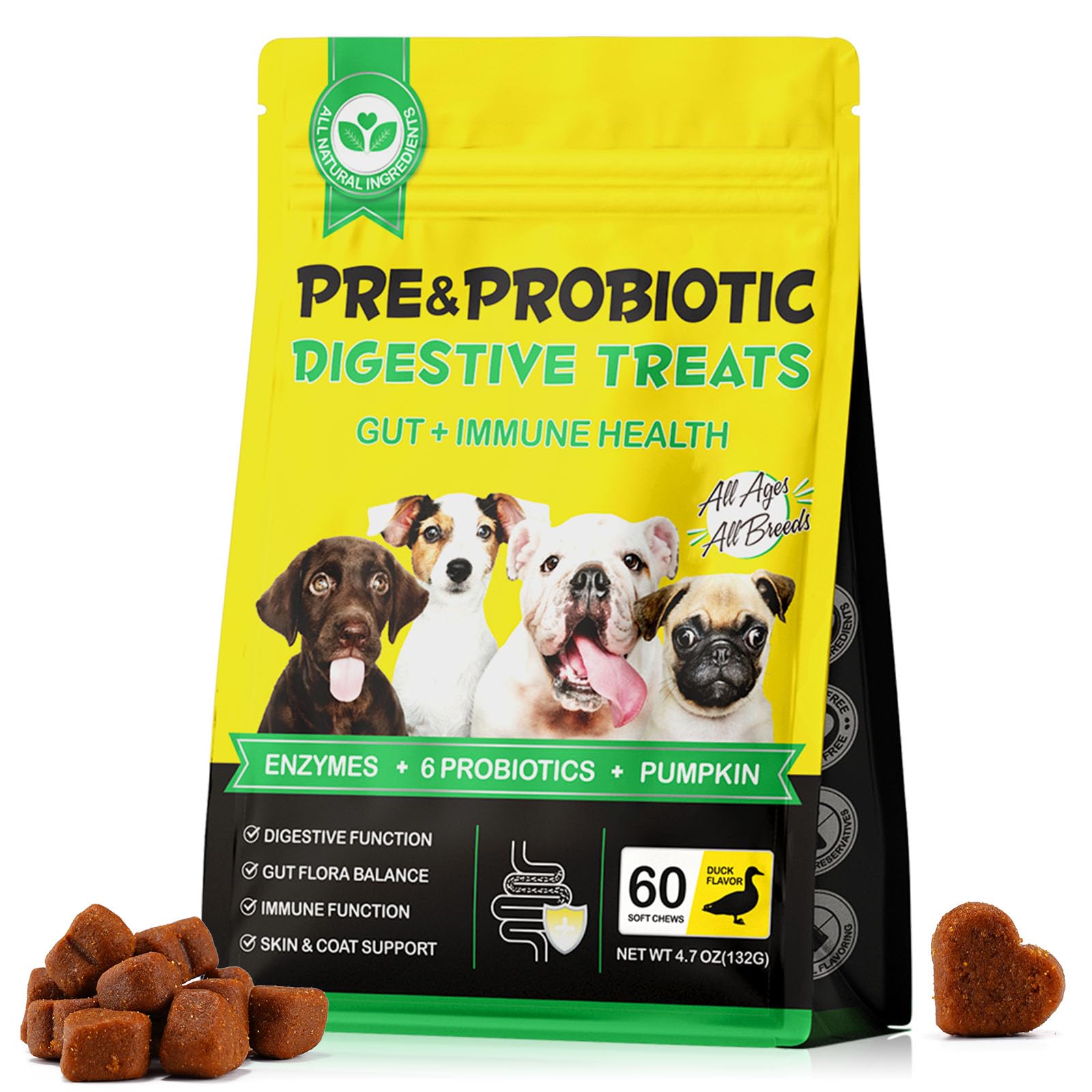 Probiotics for Dogs, 60 Count Dog Probiotics for Normal Digestive Function, Duck Flavor, Suitable for All Dogs