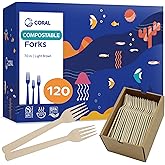 CORAL Light Brown 100% Compostable Forks - 120 Heavy Duty Forks (7.0 inch) - Break Resistant with Smooth Edges, Ocean Friendly Alternative to Plastic Silverware - Biodegradable & Disposable Forks