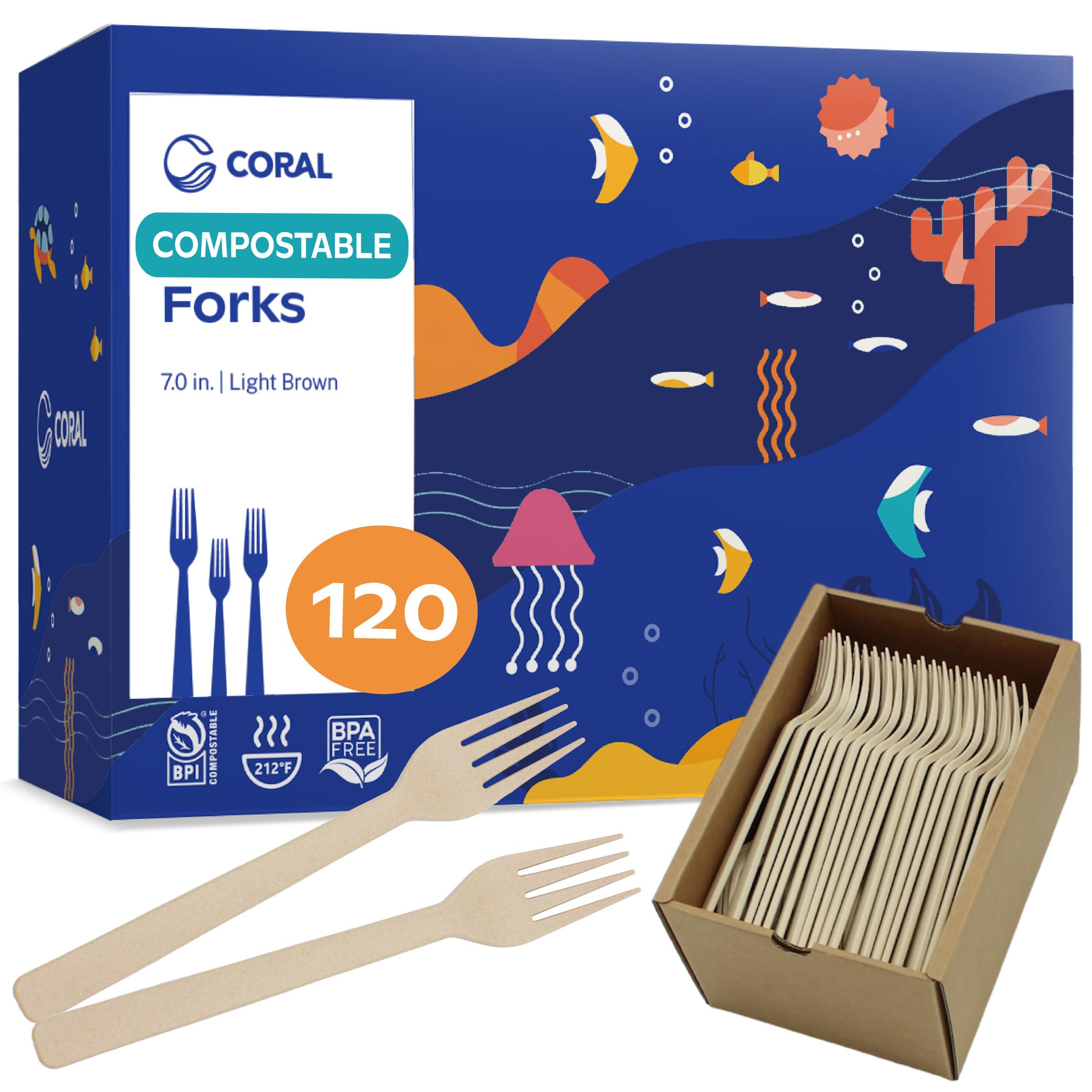 Photo 1 of CORAL Light Brown 100% Compostable Forks - 120 Heavy Duty Forks (7.0 inch) - Break Resistant with Smooth Edges, Ocean Friendly Alternative to Plastic Silverware - Biodegradable & Disposable Forks