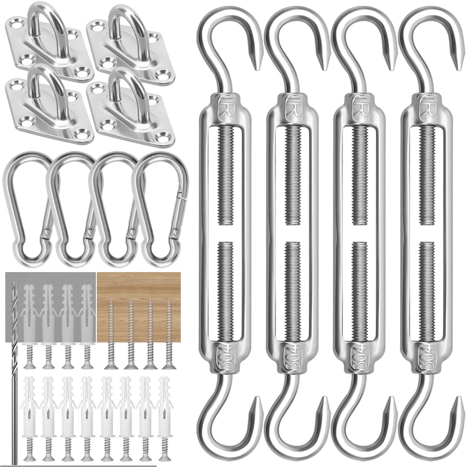 M6 Sun Shade Sail Fixings Kit | Heavy Duty Stainless Steel Hardware for Triangular, Square & Rectangular Sails | Professional Mounting Accessories Set