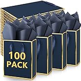 Yeaqee 100 Pack Metallic Gift Bags with Handle and Tissue Paper Gold Foil Thank You Bag for Valentine Wedding 5 Groomsmen Bridal 5 Senses Gifts Holiday Party Favors 9x7x3.15'' (Navy Blue)