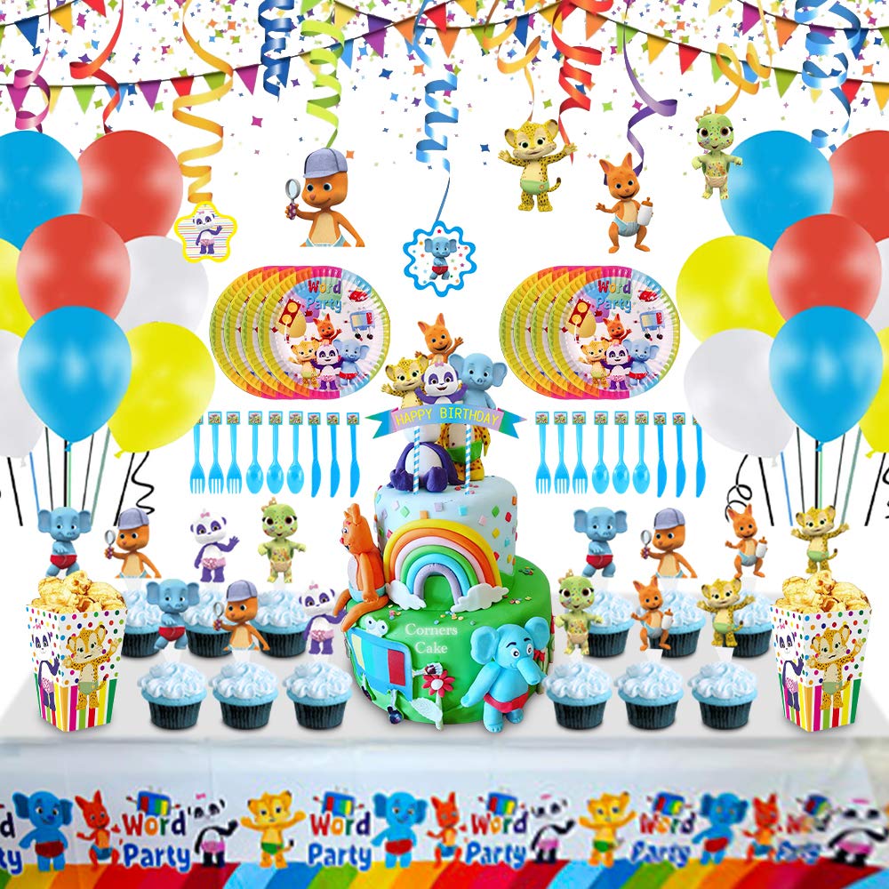 105 Word Party Birthday Party Supplies, Including Word Party Table cover, Tableware, Banner, Popcorn box, Word Party Birthday Decorations for Word Party Themed for Halloween Xmas Kids Birthday Party