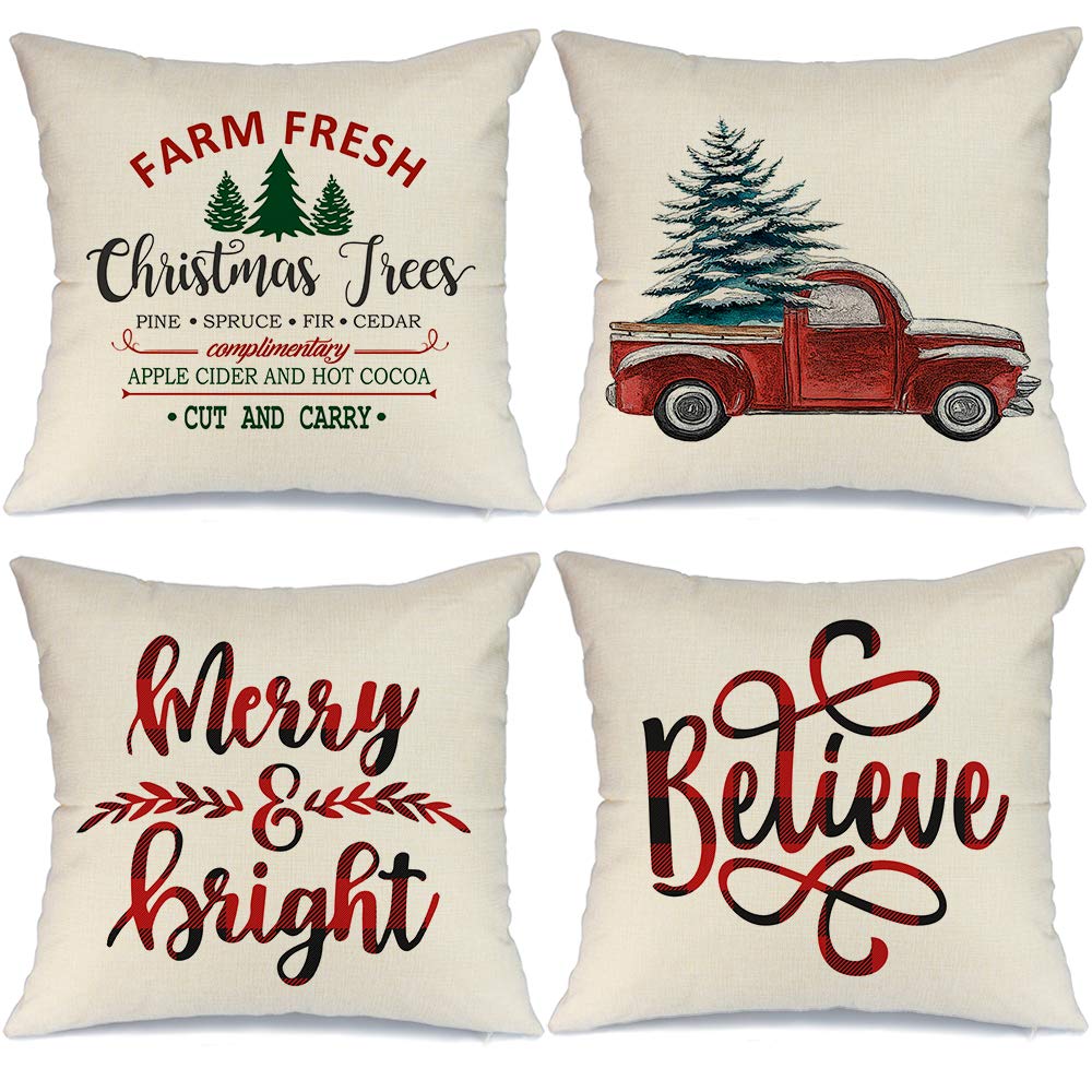 Aeney Farmhouse Christmas Pillow Covers 18x18 Set Of 4 For Decor