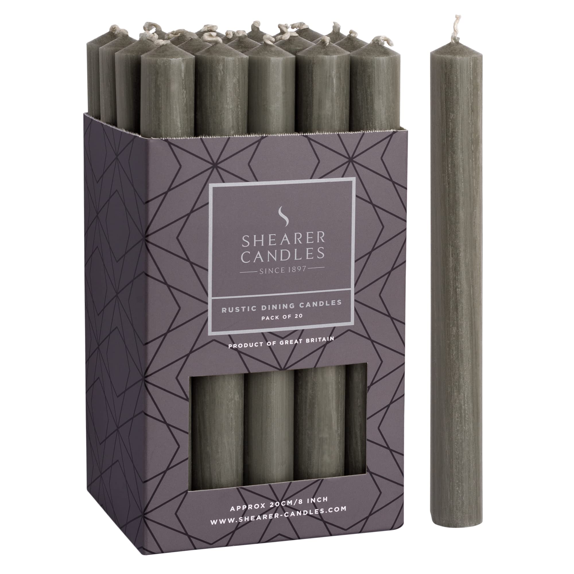 Shearer Candles Grey - Dinner Candles - 8 inch - Unscented Dinner Candles - 8 Hour Burn Time - 20 Pack
