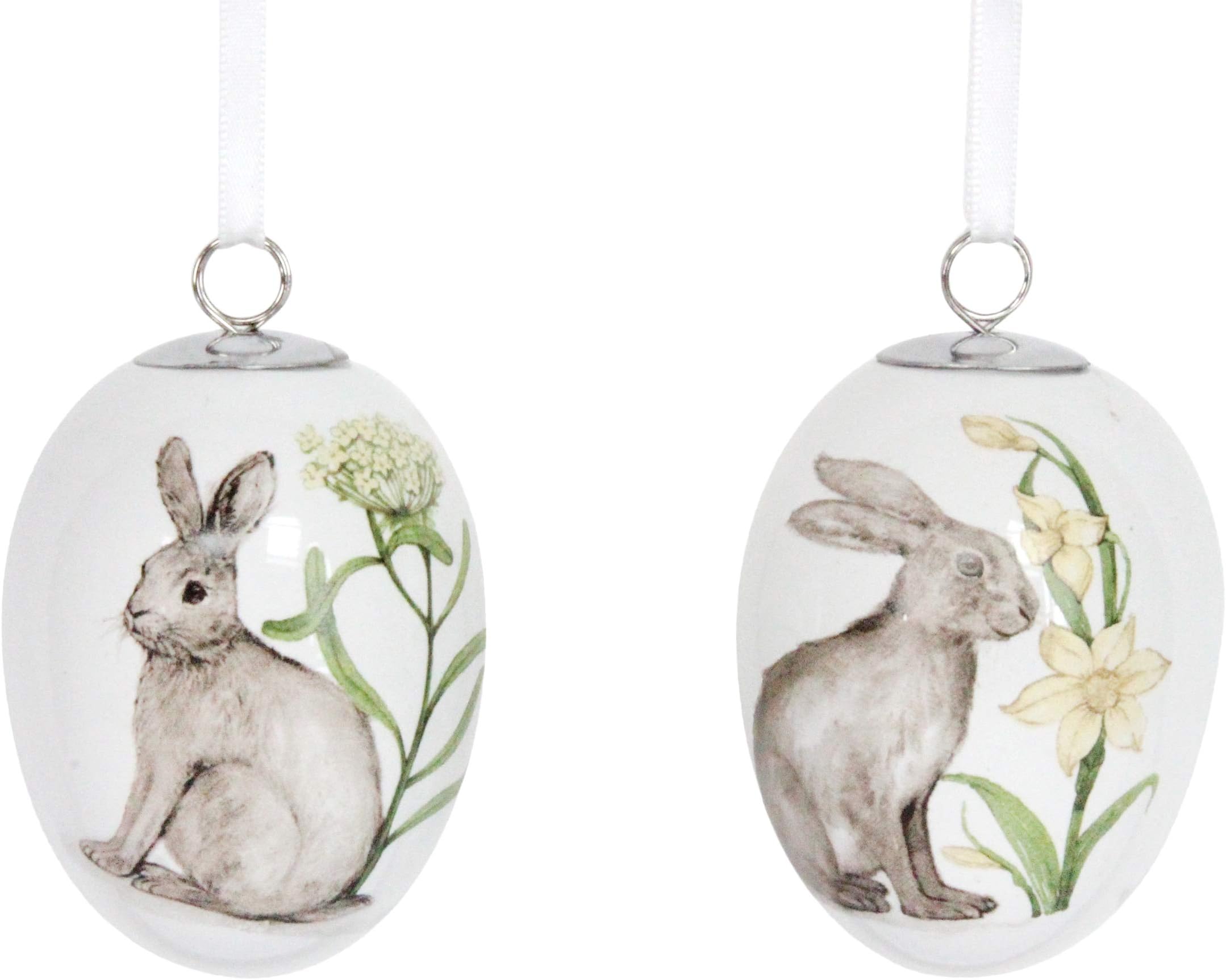 Gisela Graham Set of 2 Ceramic Hanging Egg Decorations with Bunny Design