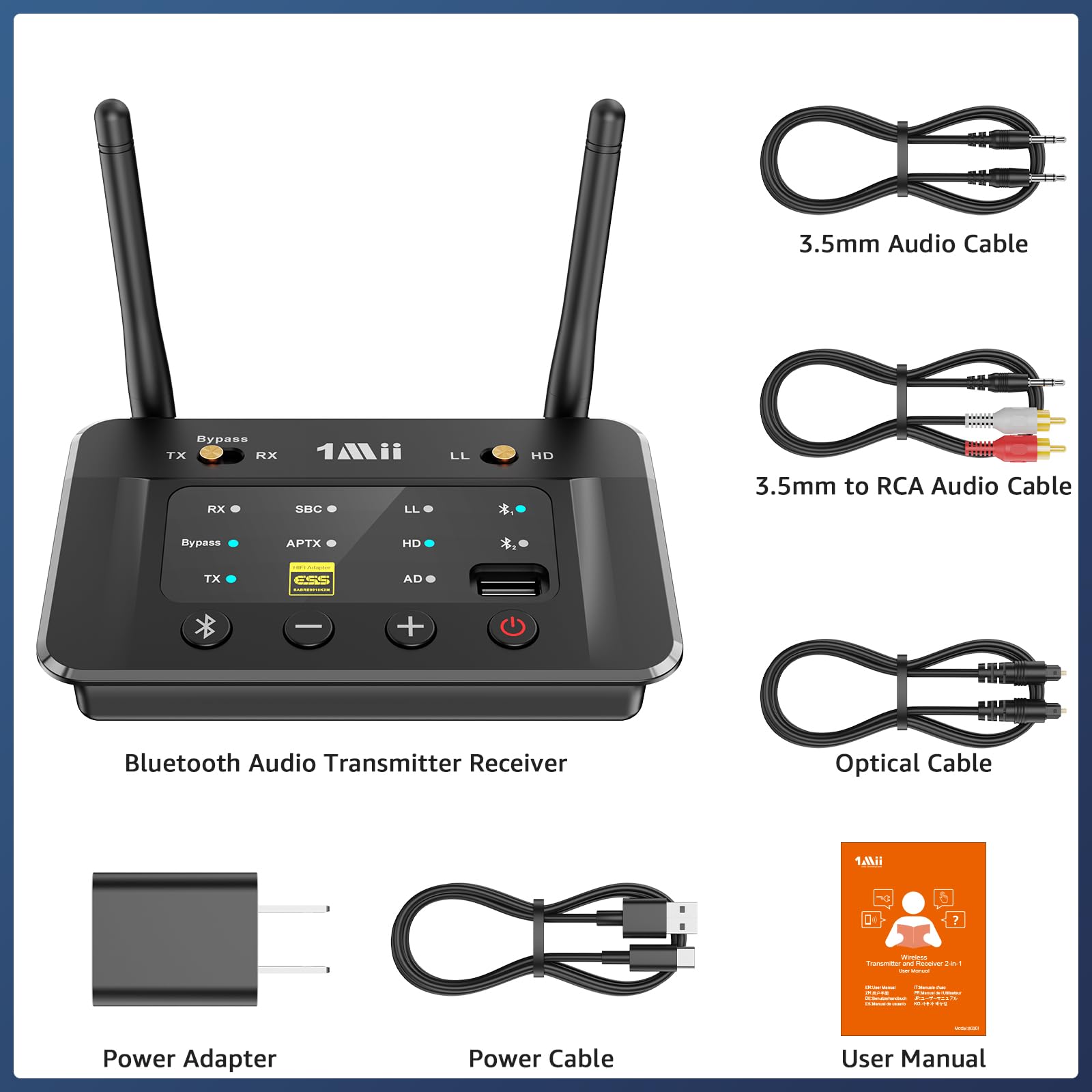 1Mii B03S Bluetooth 5.3 Transmitter Receiver for TV Home Stereo, Wireless Audio Adapters with Audiophile DAC, aptX Adaptive/LL/HD, Dual Link, Optical RCA AUX 3.5mm Inputs/Outputs