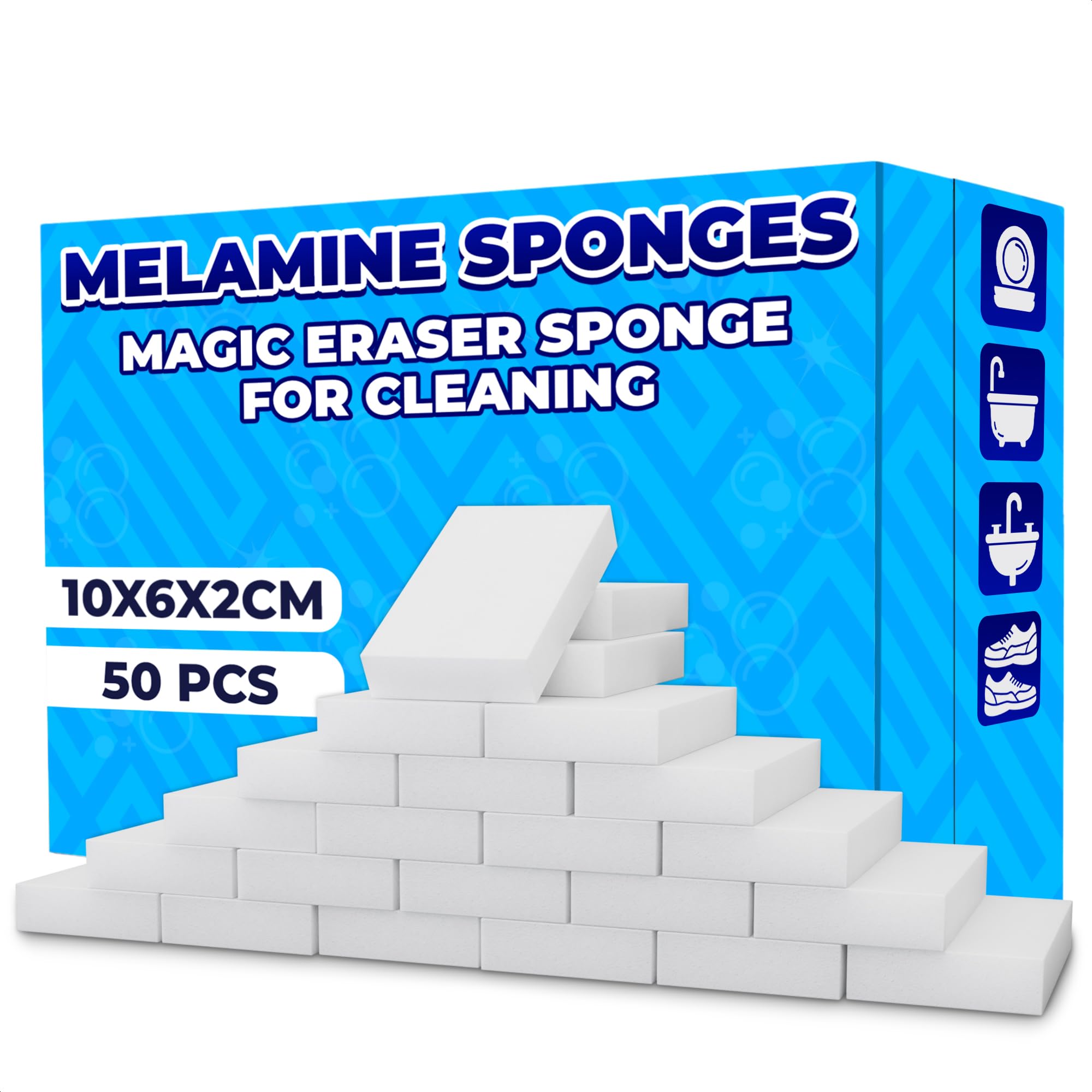 Photo 1 of 50 Pcs Melamine Sponges for Cleaning - White Melamine Sponge, Convenient Cleaning Blocks (10x6x2 cm), Non-Scratch & Damage Resistance Surface, Multipurpose Eraser Pads for Kitchen, Bathroom, and Walls