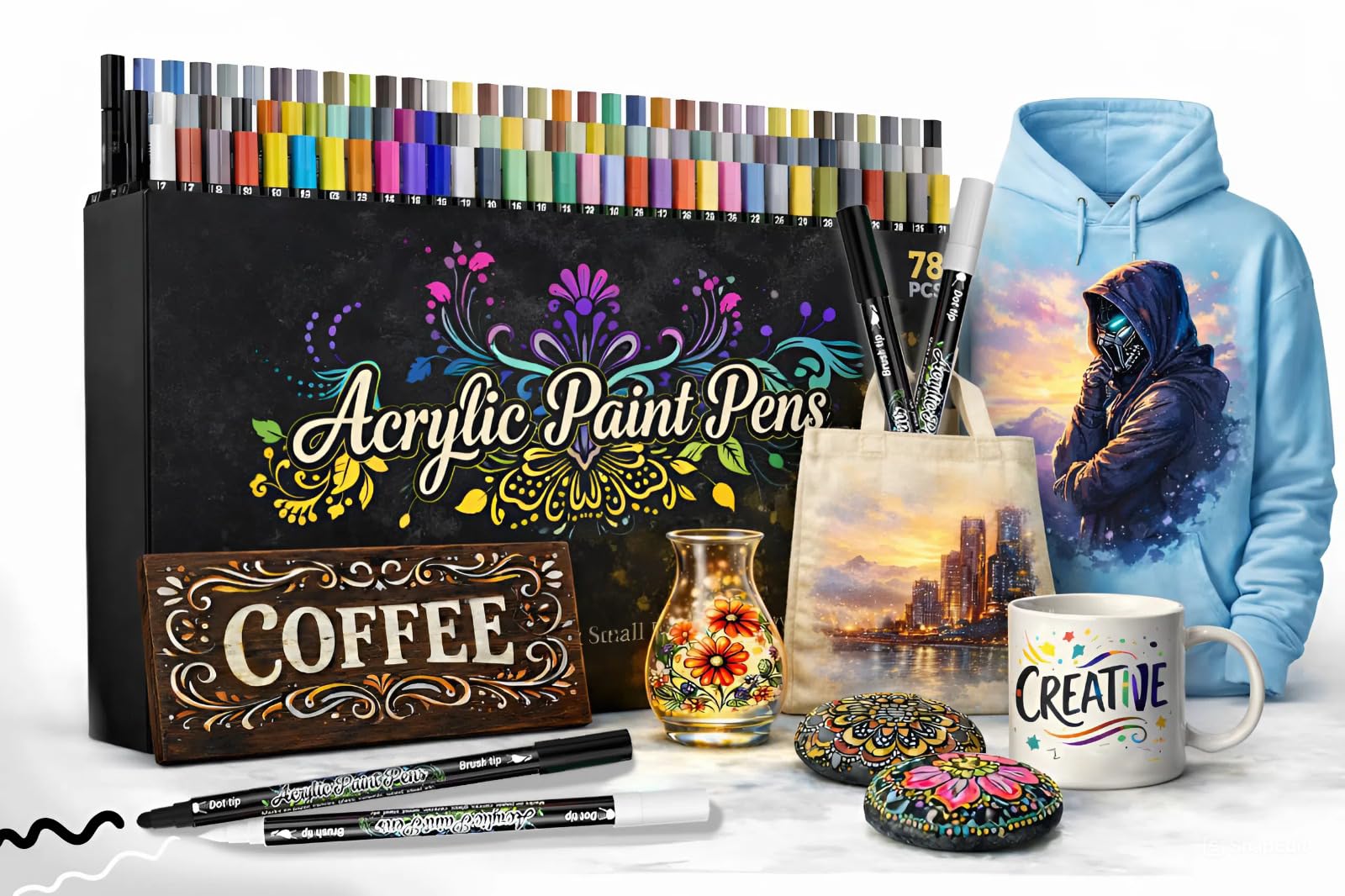 Desire Deluxe Acrylic Paint Pens for Rock Painting, Stone, Ceramic, Glass, Wood, Canvas – Set of 78 Non Toxic Water Based Markers - Great Artists Painting Supplies (Dual Tip Multicolor, 78) Image